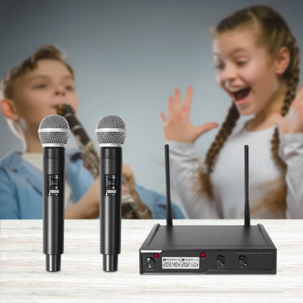 Système de microphone sans fil VHF, ensemble de microphones sans fil, double microphone à main, adapté au karaoké, aux mariages, aux réunions et aux conférences.