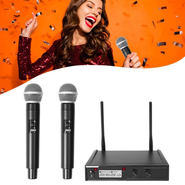 Système de microphone sans fil VHF, ensemble de microphones sans fil, double microphone à main, adapté au karaoké, aux mariages, aux réunions et aux conférences.