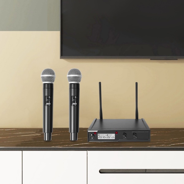 Système de microphone sans fil VHF, ensemble de microphones sans fil, double microphone à main, adapté au karaoké, aux mariages, aux réunions et aux conférences.