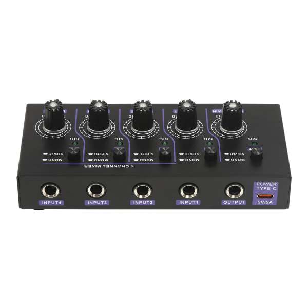 Mélangeur de ligne 4 canaux, mini mélangeur audio à faible bruit, prise en charge 4 en 1, mélangeur audio mono et stéréo