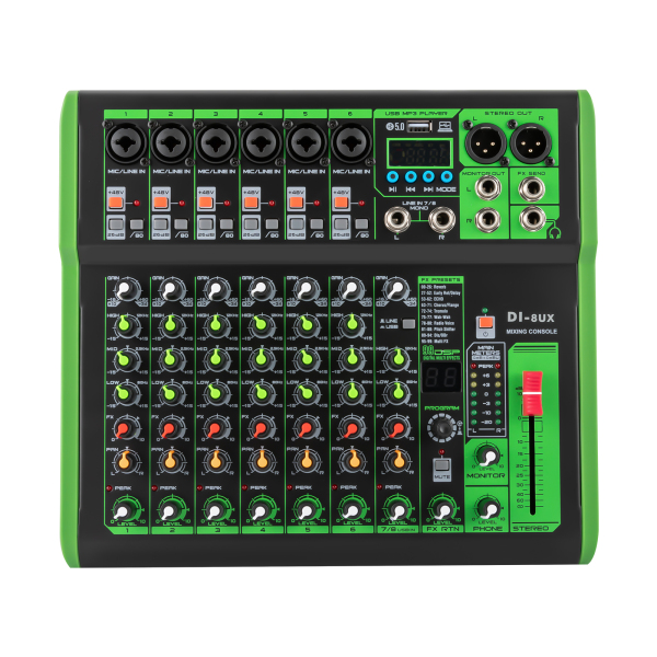 Mélangeur professionnel série 8UX avec 99 effets numériques DSP entrée USB MP3 48 V Microphone à alimentation fantôme professionnel Console de mixage DJ
