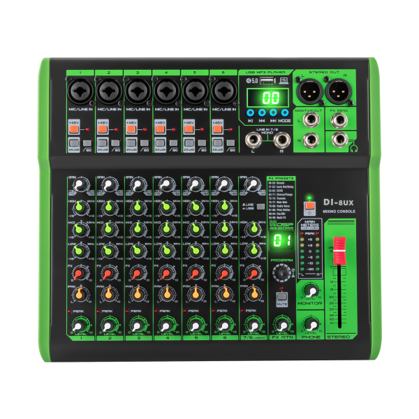 Mélangeur professionnel série 8UX avec 99 effets numériques DSP entrée USB MP3 48 V Microphone à alimentation fantôme professionnel Console de mixage DJ