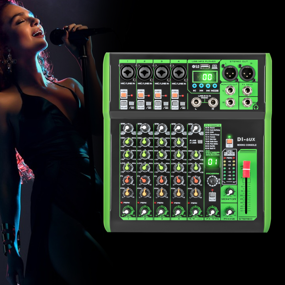 Mélangeur Audio professionnel DI-6UX avec 99 effets numériques DSP, entrée USB MP3, préamplis de Microphone 48V