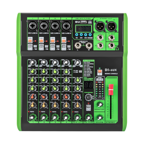 Mélangeur Audio professionnel DI-6UX avec 99 effets numériques DSP, entrée USB MP3, préamplis de Microphone 48V
