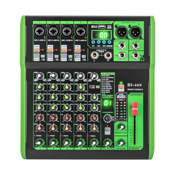 Mélangeur Audio professionnel DI-6UX avec 99 effets numériques DSP, entrée USB MP3, préamplis de Microphone 48V