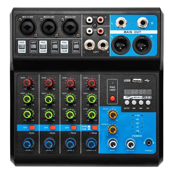 Mini table de mixage audio DJ système de console de carte son, alimentation fantôme 5 canaux 48V avec Bluetooth USB MP3