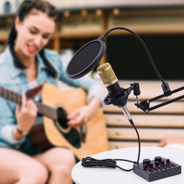 Kit de microphone à condensateur V8 Live - Carte son - Mixeur audio - Changeur vocal - Avec support de microphone - USB - Pour le streaming en direct