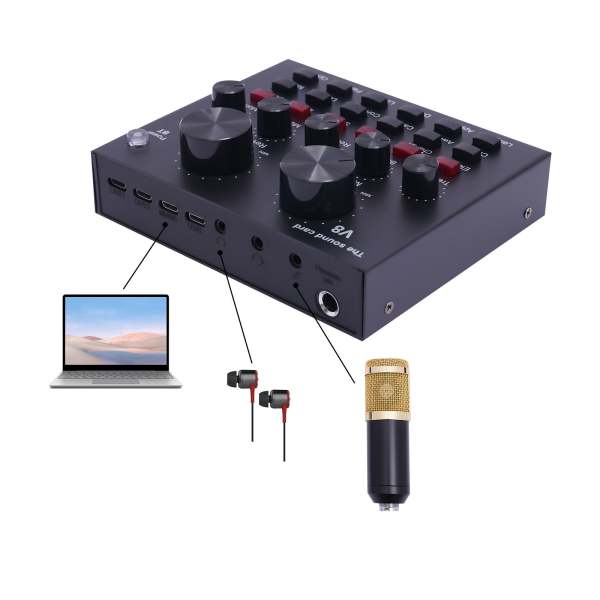Kit de microphone à condensateur V8 Live - Carte son - Mixeur audio - Changeur vocal - Avec support de microphone - USB - Pour le streaming en direct