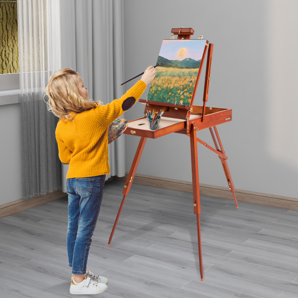 Boîte de chevalet d'artiste portable en bois de style français avec pieds pliables, tiroir de rangement et plateau de palette pour peinture en extérieur, support de chevalet trépied