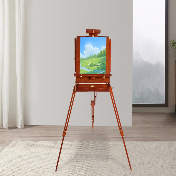 Boîte de chevalet d'artiste portable en bois de style français avec pieds pliables, tiroir de rangement et plateau de palette pour peinture en extérieur, support de chevalet trépied