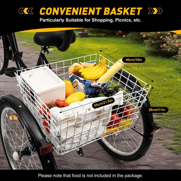 Vélo à 3 Roues 24 Pouces 7 Vitesses avec Panier pour Adultes et Seniors, pour Voyager, Rouler et Faire du Shopping (Noir)