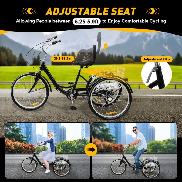 Vélo à 3 Roues 24 Pouces 7 Vitesses avec Panier pour Adultes et Seniors, pour Voyager, Rouler et Faire du Shopping (Noir)