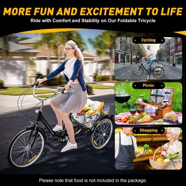 Vélo à 3 Roues 24 Pouces 7 Vitesses avec Panier pour Adultes et Seniors, pour Voyager, Rouler et Faire du Shopping (Noir)