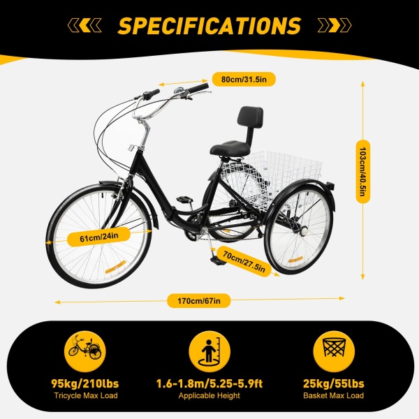Vélo à 3 Roues 24 Pouces 7 Vitesses avec Panier pour Adultes et Seniors, pour Voyager, Rouler et Faire du Shopping (Noir)